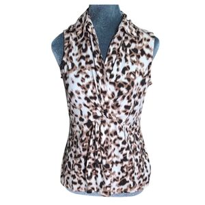 Tahari Sleeveless Leopard Print Collard Top Faux Wrap
